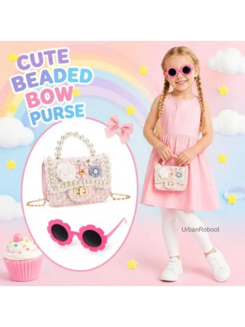 Girls Mini Purse with Sunglasses PU Leather Pearl Flower Chain Bag